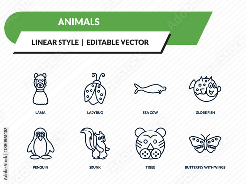 animals icons set - lama, ladybug, sea cow, tiger, butterfly with wings outline vector collection.