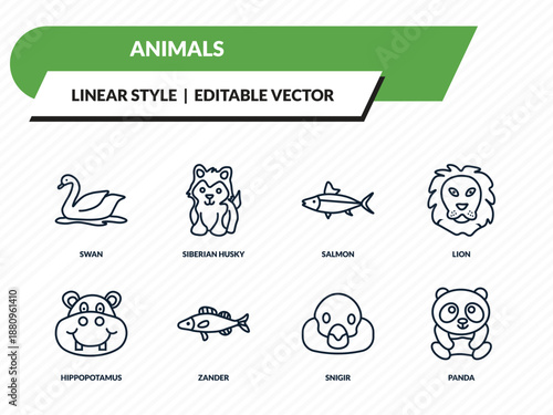 animals icons set - swan, siberian husky, salmon, snigir, panda outline vector collection.