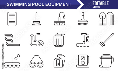 Pool service and swimming pool equipment outline icons