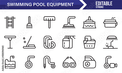 Editable pool maintenance and cleaning equipment icons collection
