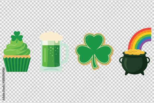 Set of colorful St. Patrick's Day symbols with green beer, cupcake, shamrock and gold pot vector illustration