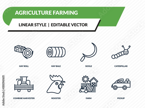 agriculture farming icons set - hay roll, hay bale, sickle, farm, pickup outline vector collection.