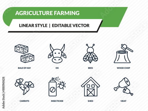 agriculture farming icons set - bale of hay, ox, bees, shed, meat outline vector collection.