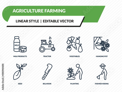 agriculture farming icons set - milk products, tractor, vegetables, planting, farmer hoeing outline vector collection.