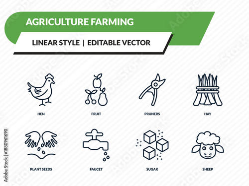 agriculture farming icons set - hen, fruit, pruners, sugar, sheep outline vector collection.