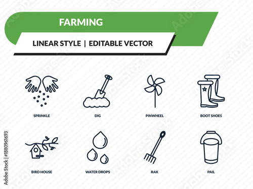 farming icons set - sprinkle, dig, pinwheel, rak, pail outline vector collection.