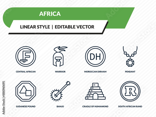 africa icons set - central african franc, warrior, moroccan dirham, cradle of humankind, south african rand outline vector collection.