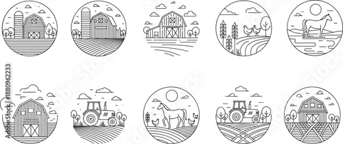 Minimalist farm icons, barn, tractor, horse, chicken, wheat, field, rural landscape, black and white, line art, agriculture, vector set