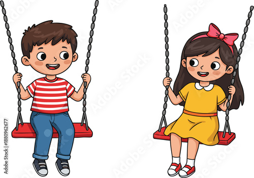 Cute boy and girl swinging on playground together happy kids playtime cartoon vector illustration isolated white background