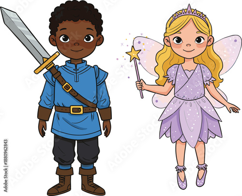 Cute knight boy with sword and fairy princess girl characters fantasy kids costume cartoon vector illustration isolated white background