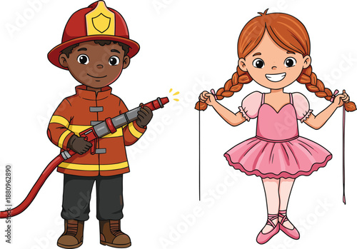 Cute firefighter boy with hose and ballerina girl dancing kids career dream cartoon vector illustration isolated white background