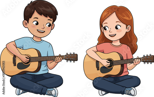 Happy boy and girl playing acoustic guitars together sitting cross legged kids music lesson cartoon vector illustration isolated white background