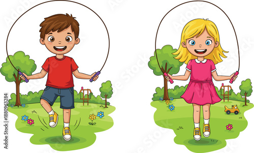 Happy cartoon kids skipping rope in park vector illustration isolated on white background for children play, fitness, education design