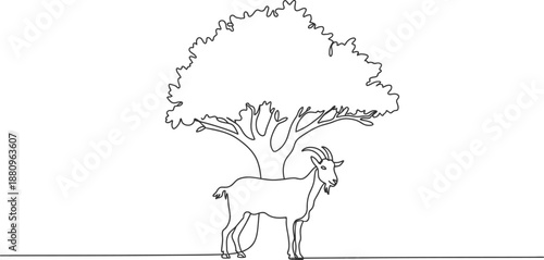 Continuous one line drawing of a goat under a tree symbolizing sacrifice for Eid al-Adha Islamic holy festival vector illustration