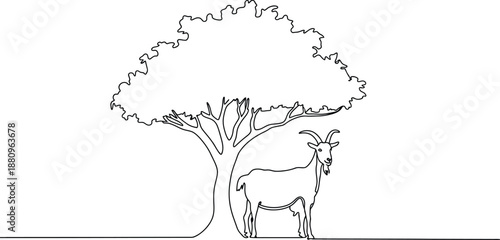 Continuous one line drawing of a goat under a tree symbolizing sacrifice for Eid al-Adha Islamic holy festival vector illustration