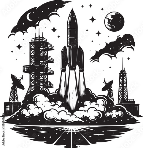 Rocket Launch Station with Takeoff Scene Vector Silhouette