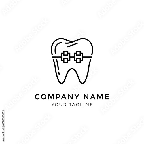 Minimalist Line Art Logo Design Featuring a Tooth with Braces for Orthodontic Clinic Branding.