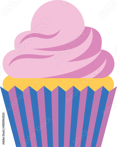 Pink cupcake in colorful wrapper with creamy frosting dessert sweet food vector illustration