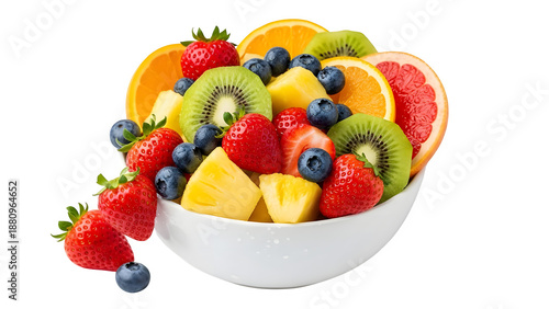 Fresh fruit salad in a white bowl isolated on transparent background