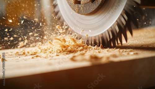 A circular saw blade in action cutting through wood with flying sawdust illuminated by golden light, symbolizing industrial work,