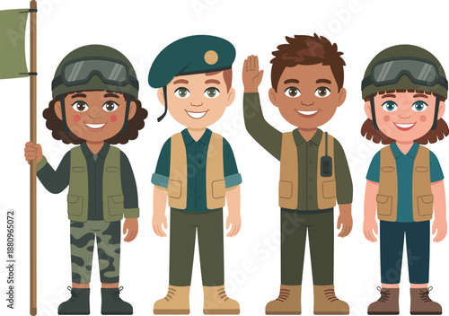 Set of diverse cute cartoon children characters in military and soldier uniforms with a flag.