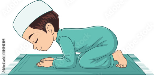 Cute cartoon illustration of a young Muslim boy praying in Sujud position on a prayer mat.