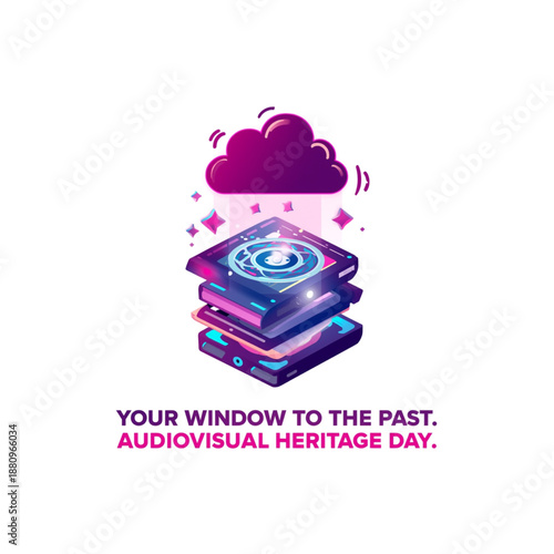 Vibrant illustration celebrating audiovisual heritage with cloud and books