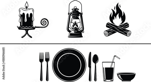 Camping dinner and fire silhouette illustration, candle lantern campfire with table setting, outdoor survival cooking concept, black white vector icons