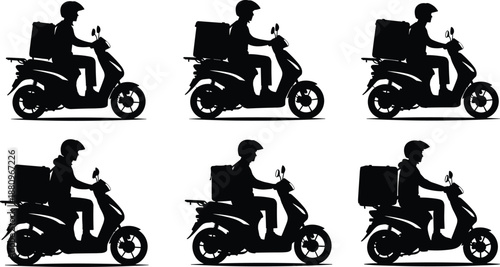 Delivery scooter silhouette, rider with box, black figure, urban transport, helmet safety, courier service, food delivery, mobility, fast, logistics