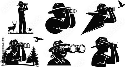 Binocular user silhouette, wildlife observation, birdwatching pose, black figure, nature exploration, forest scene, outdoor activity, hat style, visual search, adventure