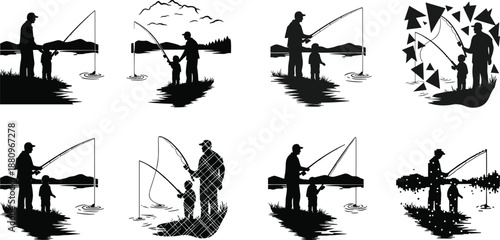 Fishing silhouette with child, outdoor bonding, black figure, nature scene, family activity, water reflection, mountain view, bird flight, peaceful moment, joy