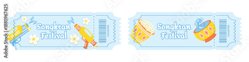 Set of entry tickets for Songkran Water Festival, Thai New Year celebration, with water splashes, buckets of water, tropical flowers, floral decorations, elephant and Thai temple, traditional Asian cu