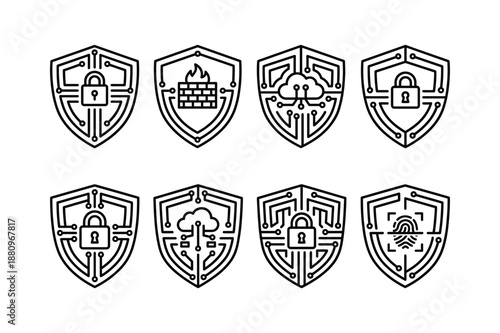 Cybersecurity Shield Icon Set with Circuit Patterns for Data Protection, Firewall and Network Safety Concepts