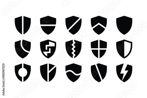 Collection of Black Shield Icons with Geometric Designs for Security, Protection and Brand Identity Logos