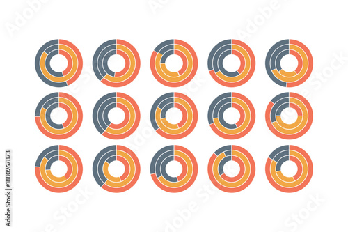 Set of concentric donut chart icons for business data infographics and statistical visualization