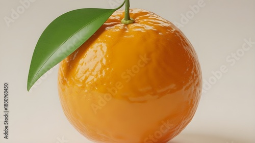 A single, fresh orange with a green leaf on a plain background