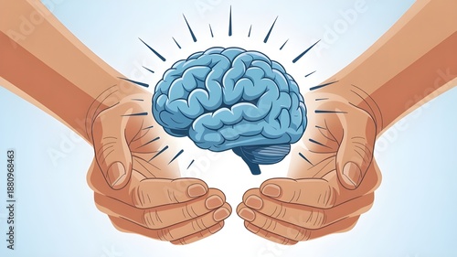 Illuminated brain held in gentle hands