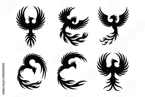 Mythical Phoenix Bird Silhouettes with Wing and Flame Detail