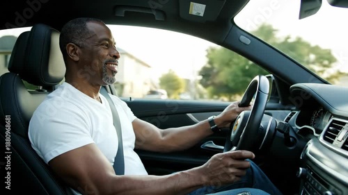 happy african american man driving modern car on sunny day. cheerful driver holding steering wheel during road trip. commute, travel and transportation concept.