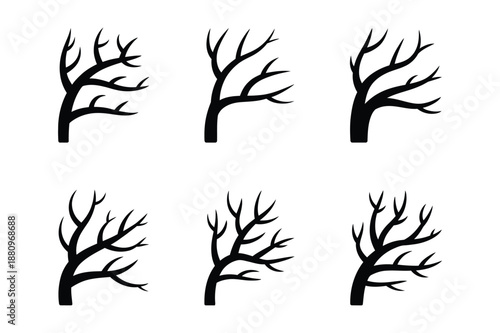 Set of diverse bare tree branch silhouettes without leaves