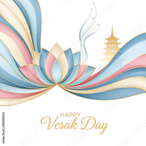 Happy Vesak Day greeting card with lotus flower and pagoda illustration
