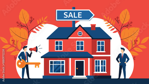 Real estate sale illustration, modern house for sale, property investment concept, home buying and selling business marketing design vector banner