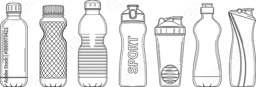 Reusable water bottle set illustration, sports drink bottles outline, eco friendly hydration, fitness lifestyle, plastic container collection vector design