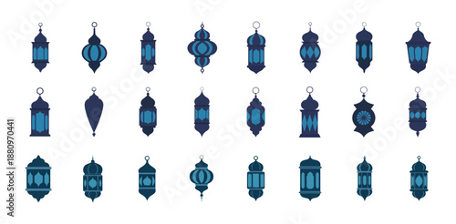 Blue decorative ramadan lantern silhouettes with intricate patterns for islamic holiday celebrations