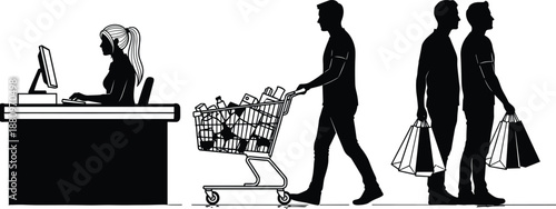 Shopping and retail silhouette illustration, cashier desk customers with cart bags, supermarket checkout process, consumer lifestyle, business service vector scene