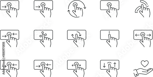 Touch Gesture Icons Set with Hand Finger Movements for Swipe Tap Pinch Zoom Drag Rotate and Heart Like Actions in UI UX Mobile App Design