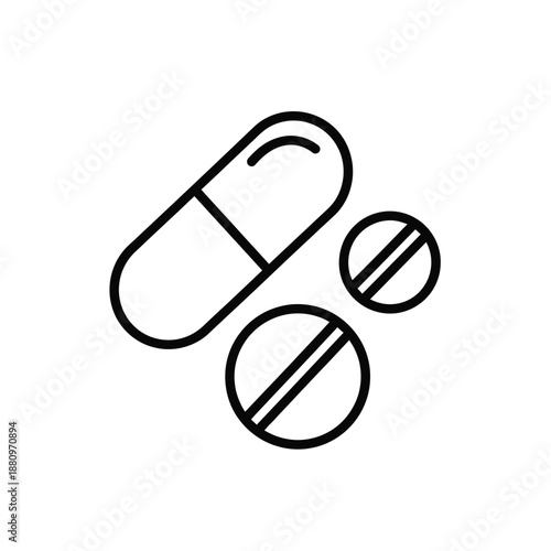 Vector illustration icon black line drawing of three pills or capsules for medical or health related concepts and themes