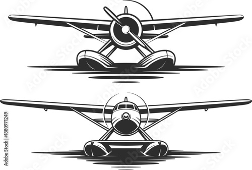 Vintage Seaplane Front View Line Art Vector Illustration.