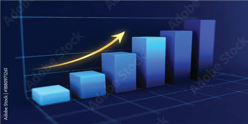 Business graph illustration on a red screen showing financial market growth with a blue data arrow and an upward line pulse representing stock success