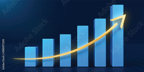 Business graph illustration on a red screen showing financial market growth with a blue data arrow and an upward line pulse representing stock success